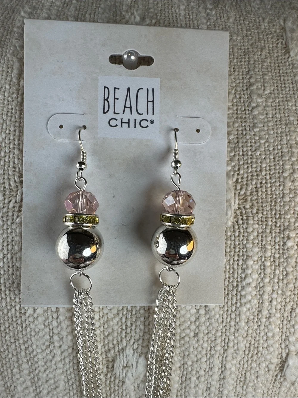 0548- Beach Chic Silver Tassel Drop Earrings with Pink‎ Accent